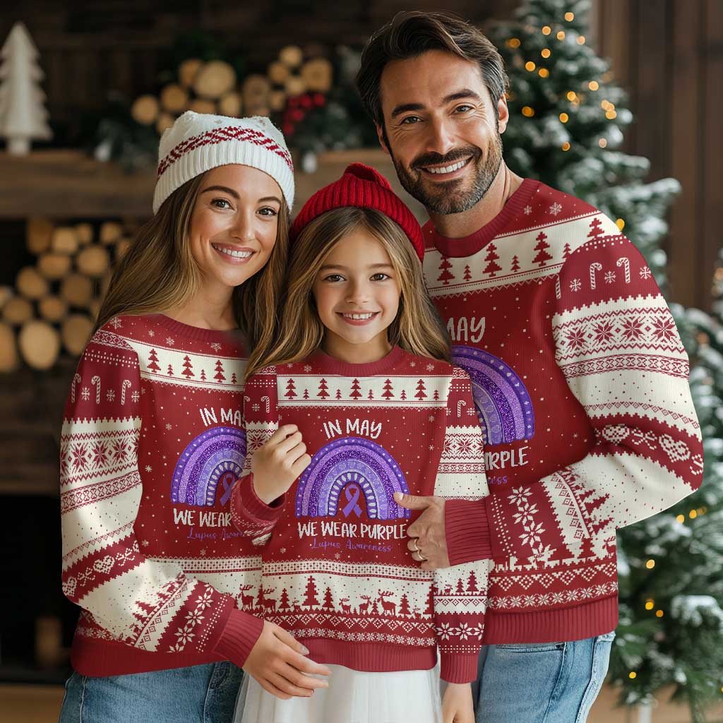 Lupus Awareness Ugly Christmas Sweater In May We Wear Purple Ribbon Rainbow