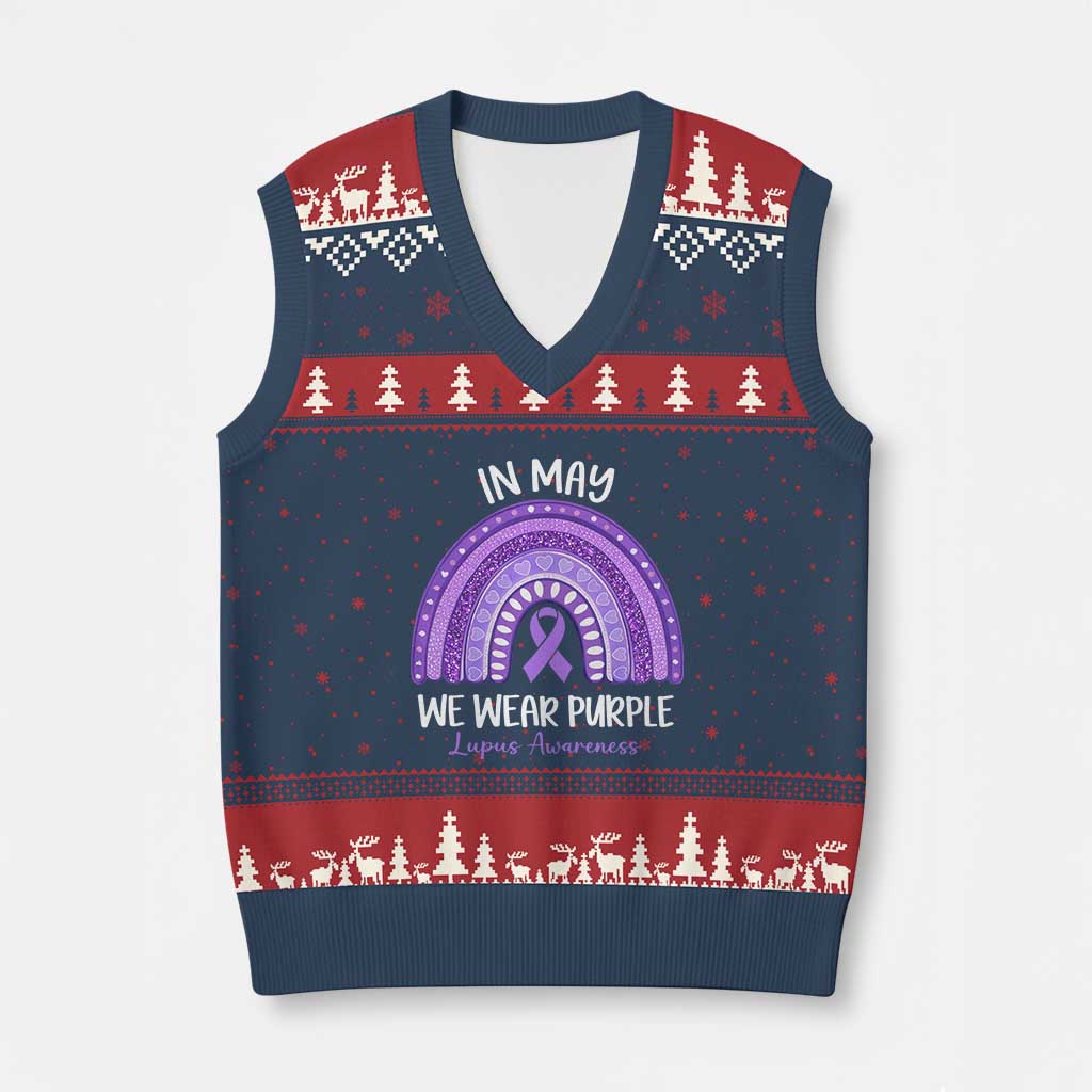 Lupus Awareness V-Neck Knit Sweater Vest In May We Wear Purple Ribbon Rainbow