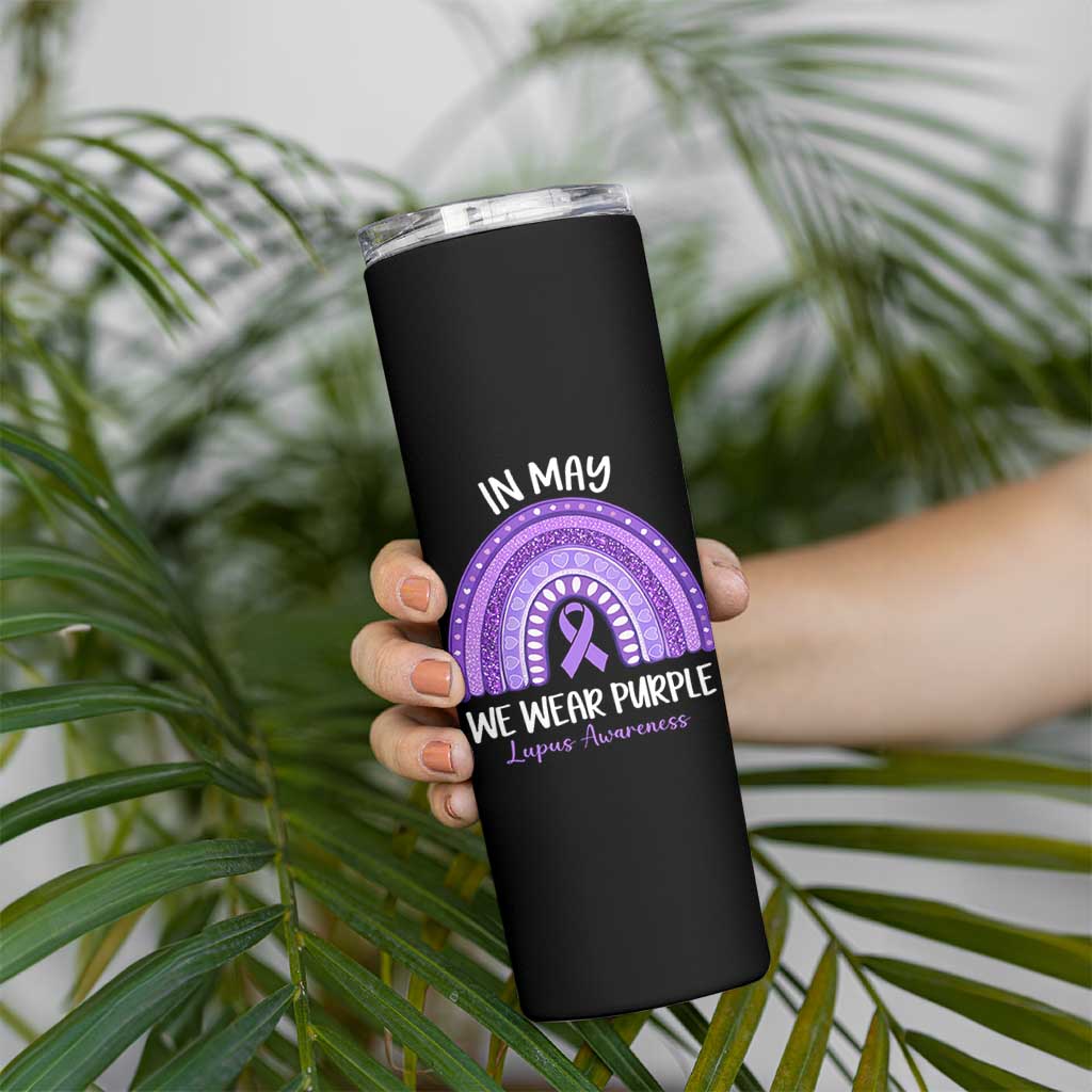 Lupus Awareness Skinny Tumbler In May We Wear Purple Ribbon Rainbow