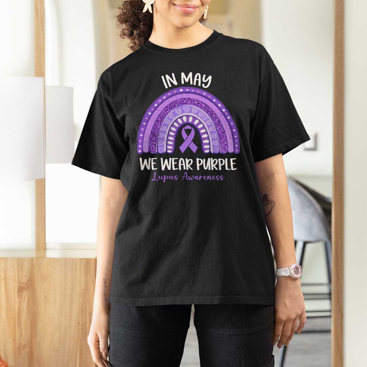 Lupus Awareness T Shirt For Women In May We Wear Purple Ribbon Rainbow