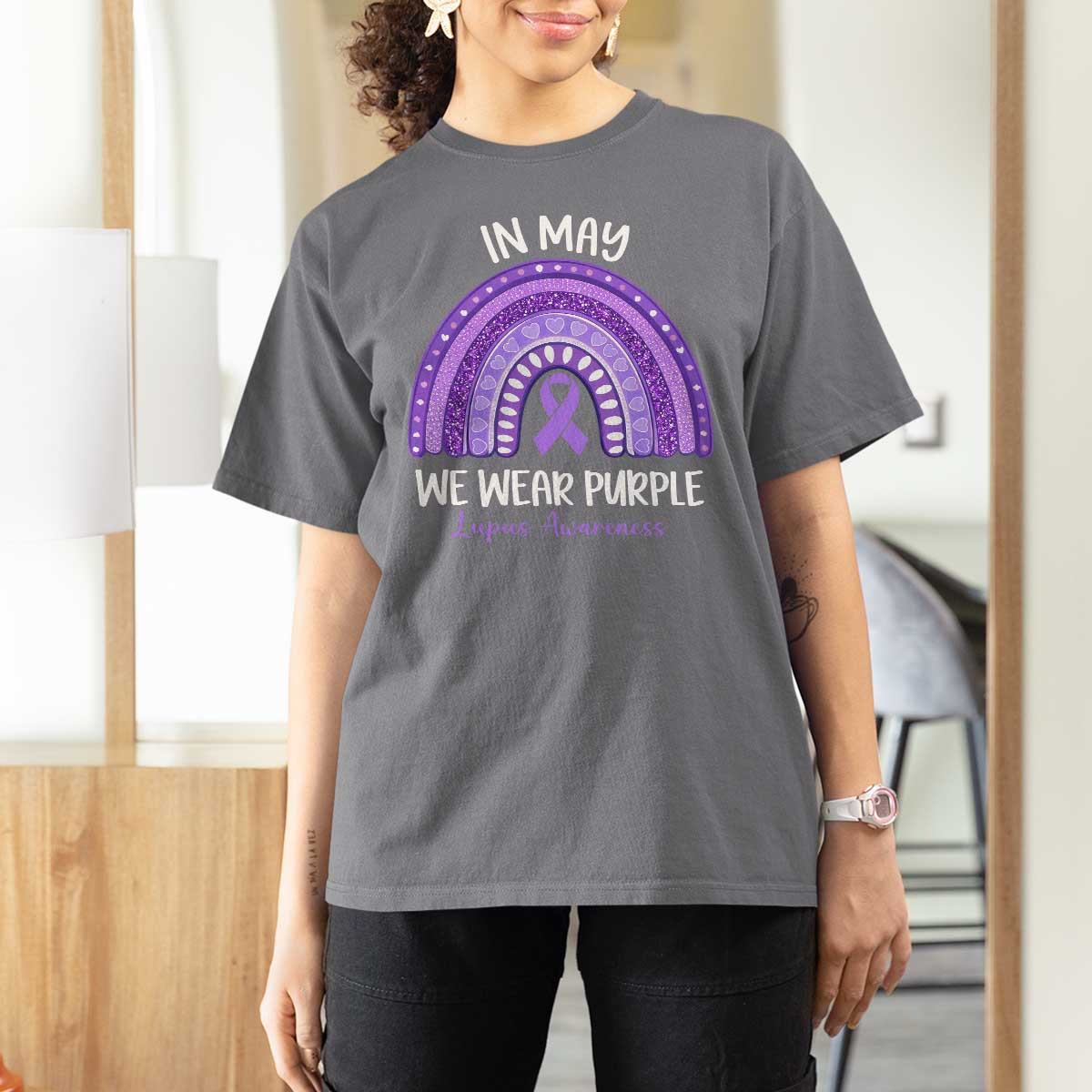 Lupus Awareness T Shirt For Women In May We Wear Purple Ribbon Rainbow