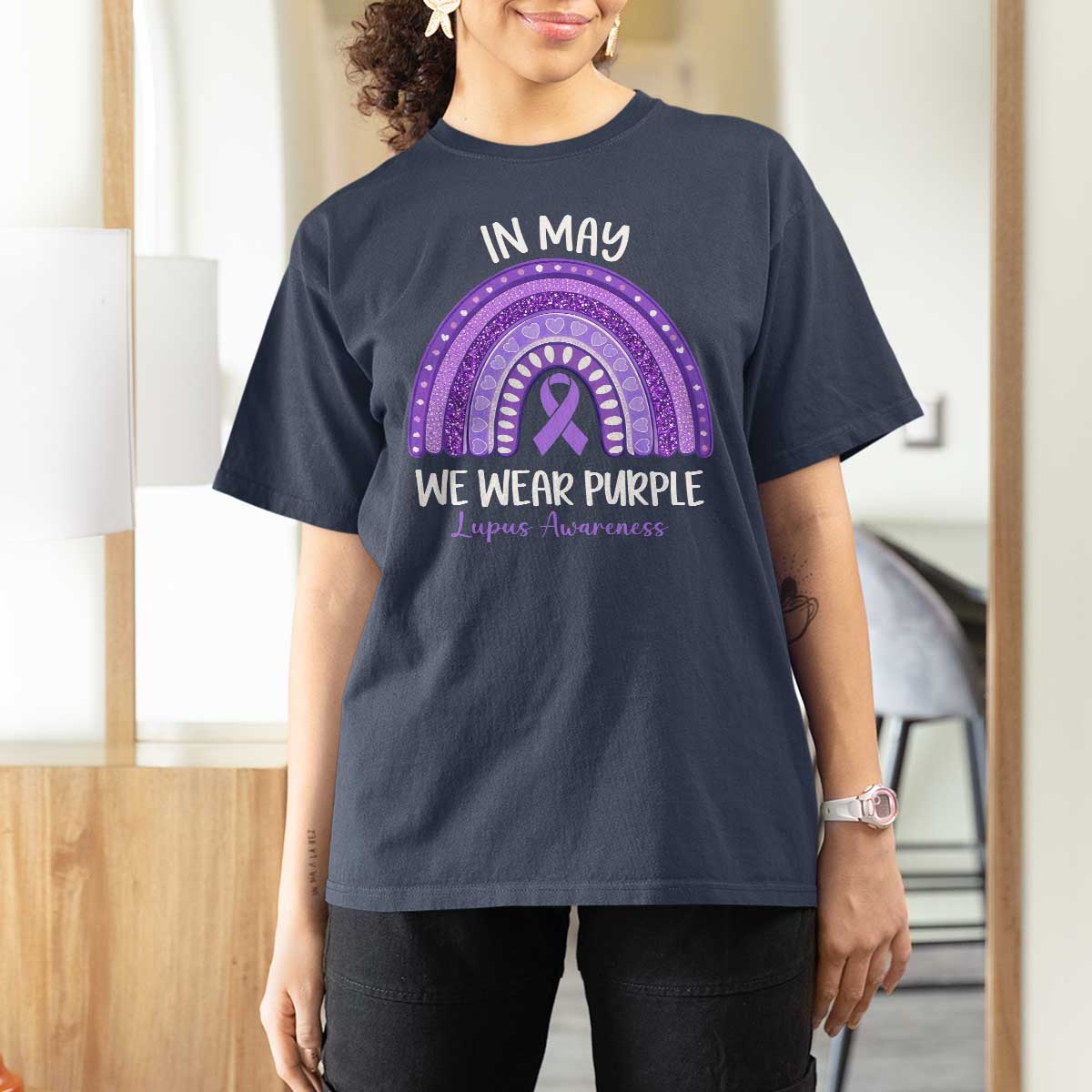 Lupus Awareness T Shirt For Women In May We Wear Purple Ribbon Rainbow