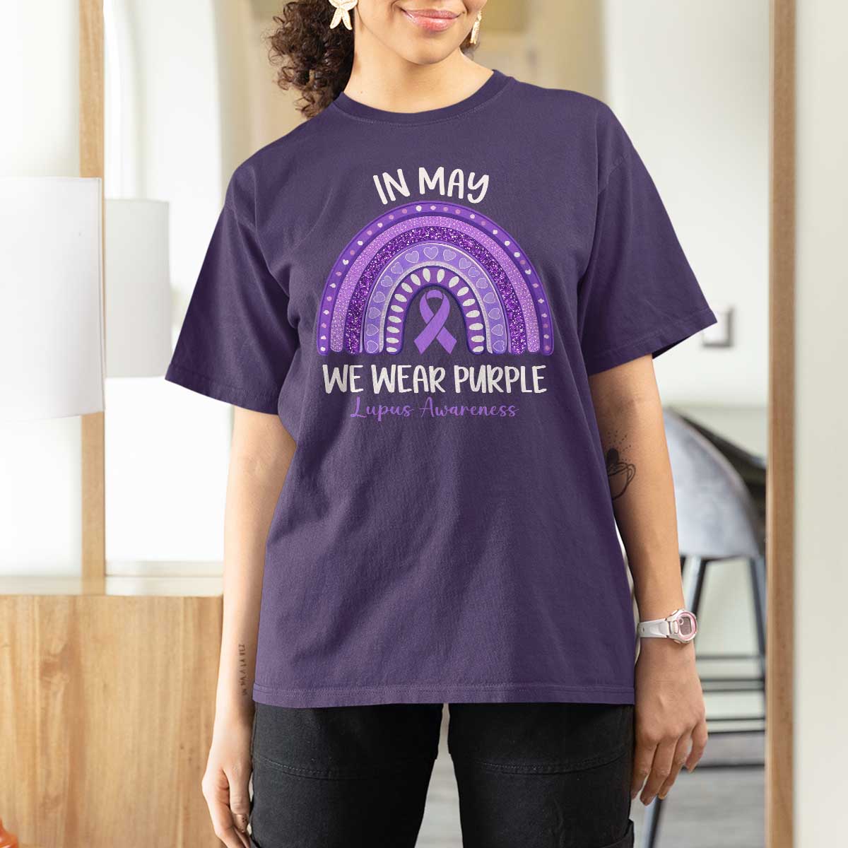 Lupus Awareness T Shirt For Women In May We Wear Purple Ribbon Rainbow