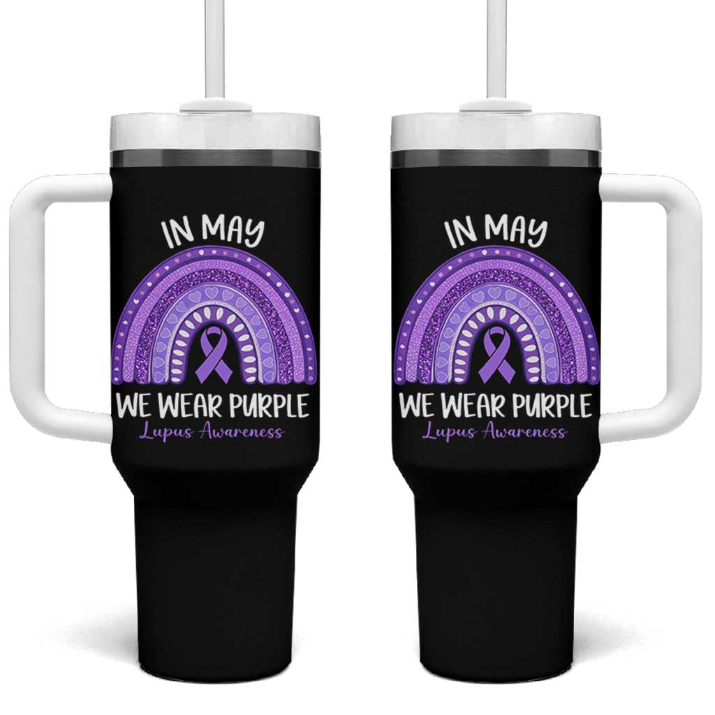 Lupus Awareness Tumbler With Handle In May We Wear Purple Ribbon Rainbow