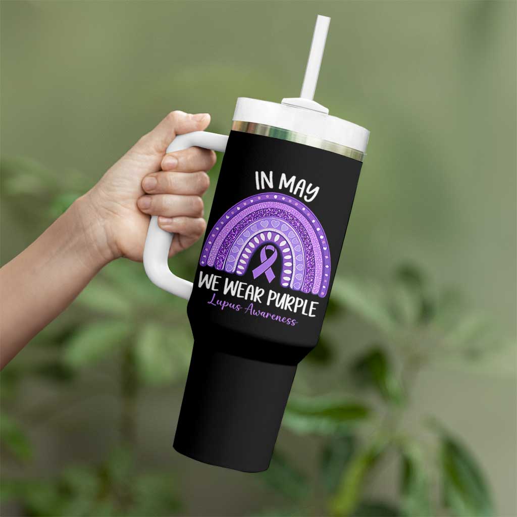 Lupus Awareness Tumbler With Handle In May We Wear Purple Ribbon Rainbow