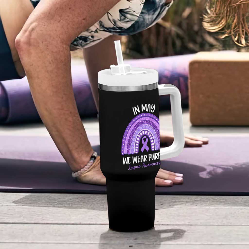 Lupus Awareness Tumbler With Handle In May We Wear Purple Ribbon Rainbow