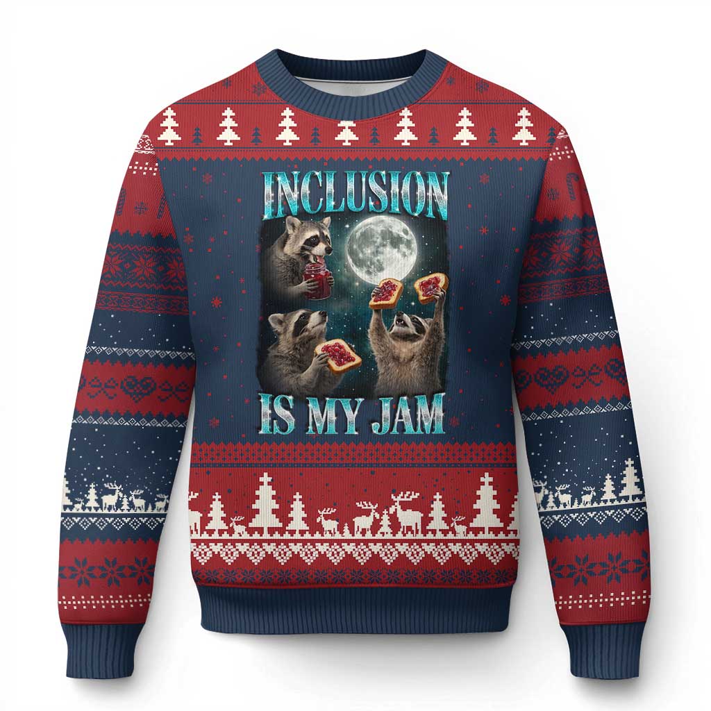 Inclusion Is My Jam Ugly Christmas Sweater Raccoon Meme Neurodiversity SPED Teacher Gift