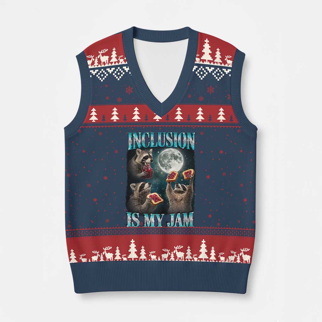 Inclusion Is My Jam V-Neck Knit Sweater Vest Raccoon Meme Neurodiversity SPED Teacher Gift