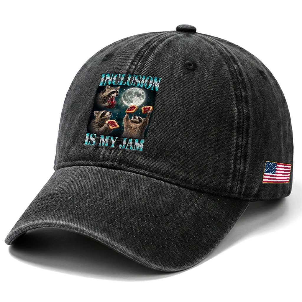 Inclusion Is My Jam Washed Cotton Baseball Cap Raccoon Meme Neurodiversity SPED Teacher Gift