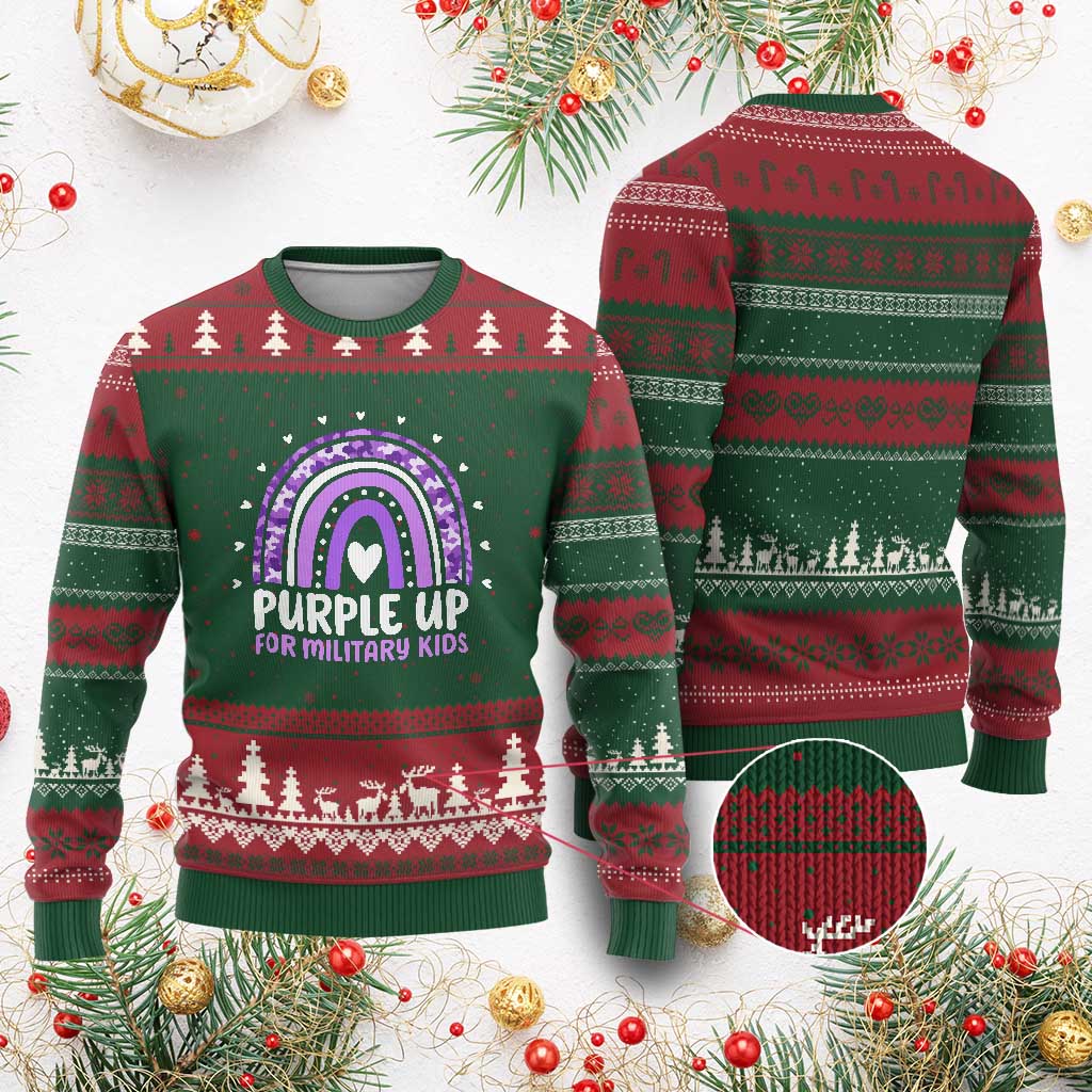 Purple Up For Military Kids Ugly Christmas Sweater Month Of Military Child Army Rainbow