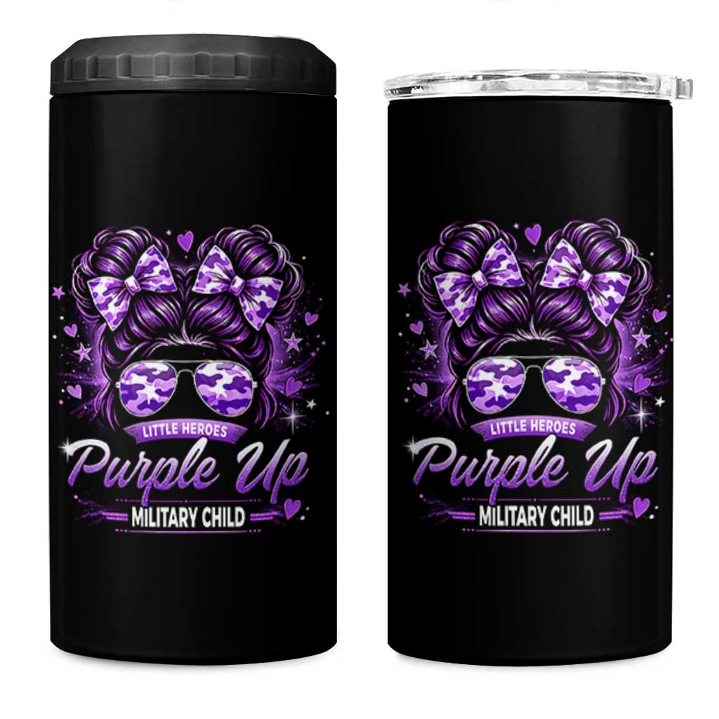 Purple Up Military Child 4 in 1 Can Cooler Tumbler Camo Messy Bun Military Kid Month