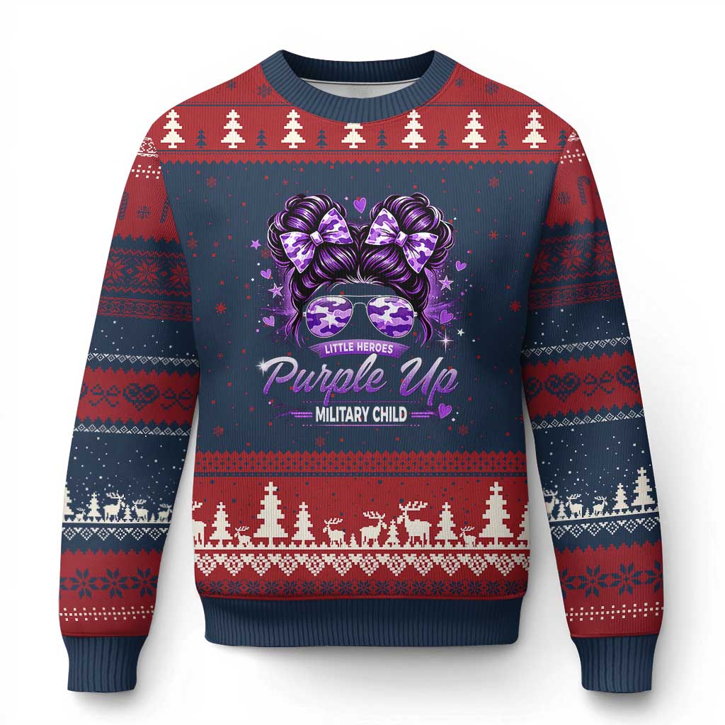 Purple Up Military Child Ugly Christmas Sweater Camo Messy Bun Military Kid Month