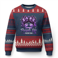 Purple Up Military Child Ugly Christmas Sweater Camo Messy Bun Military Kid Month