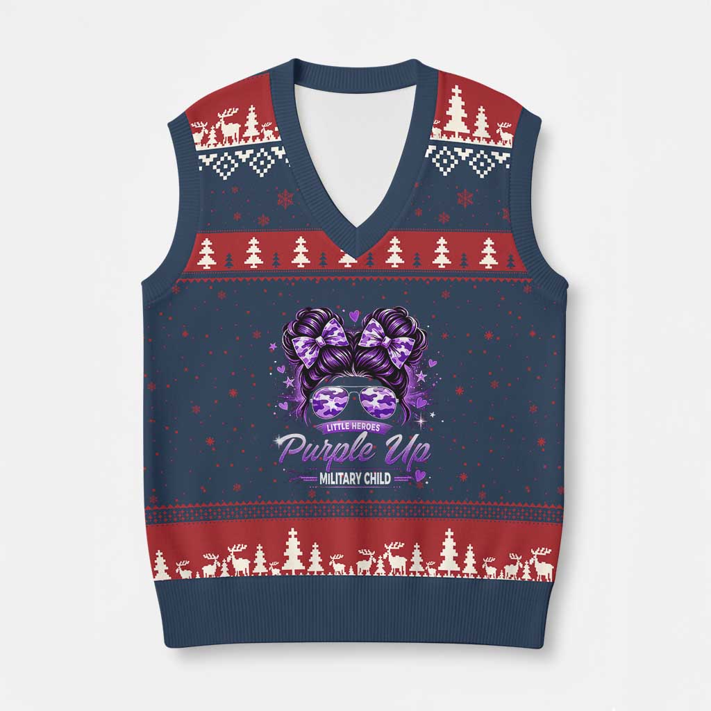 Purple Up Military Child V-Neck Knit Sweater Vest Camo Messy Bun Military Kid Month