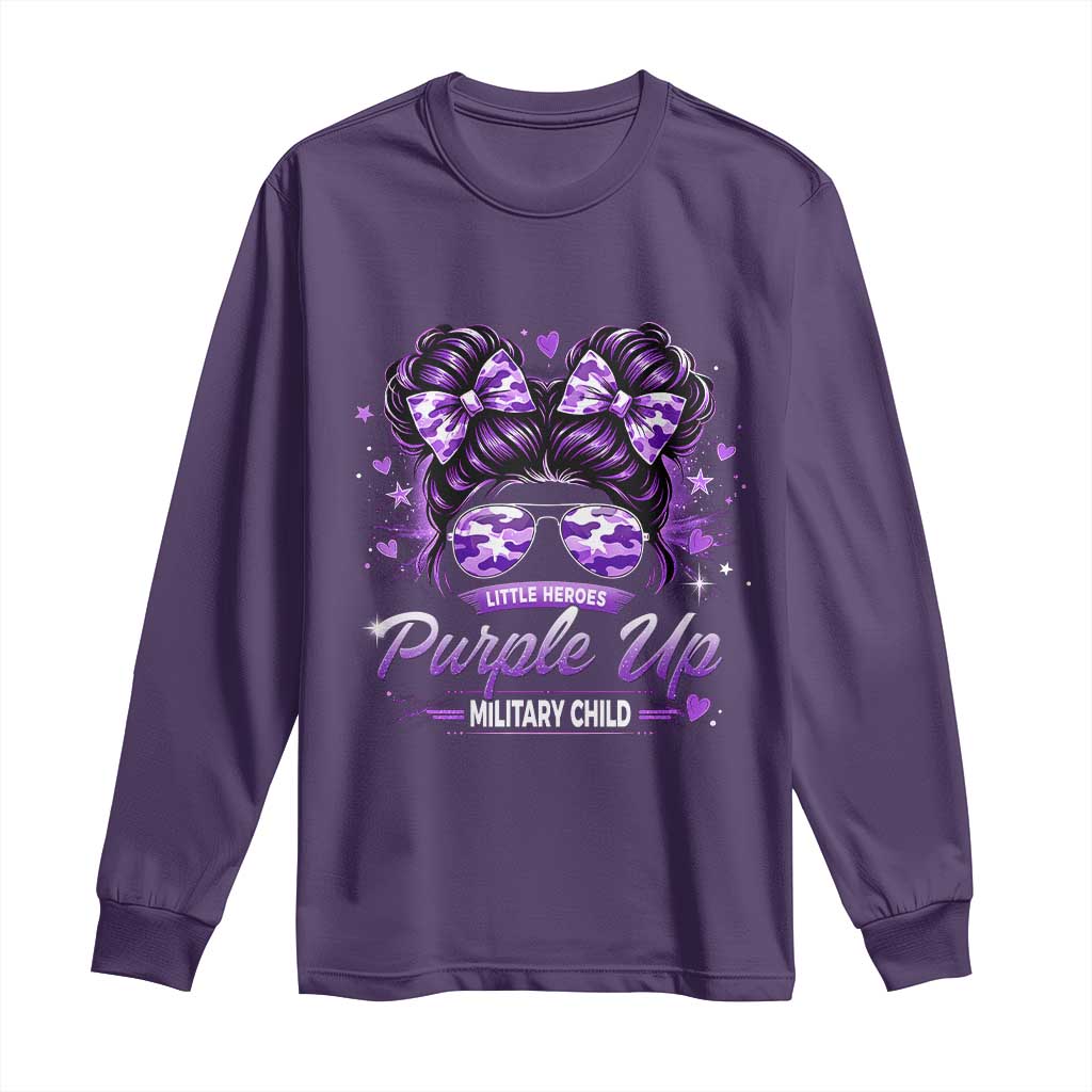 Purple Up Military Child Long Sleeve Shirt Camo Messy Bun Military Kid Month