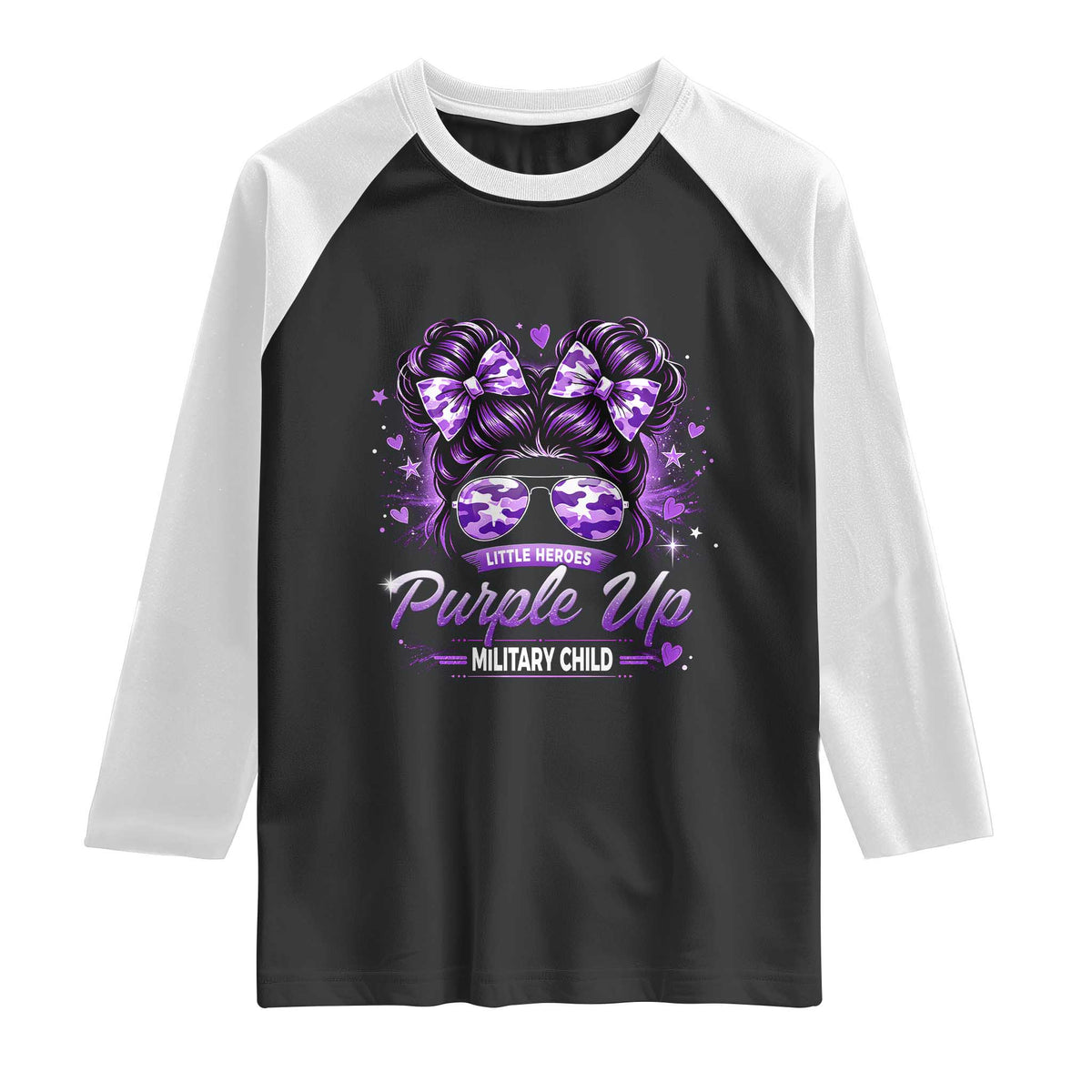 Purple Up Military Child Raglan Shirt Camo Messy Bun Military Kid Month