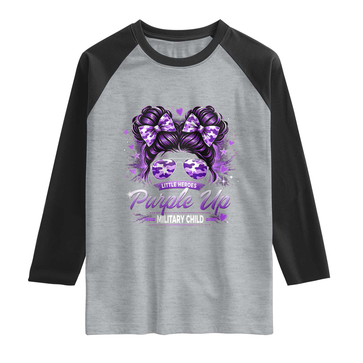 Purple Up Military Child Raglan Shirt Camo Messy Bun Military Kid Month