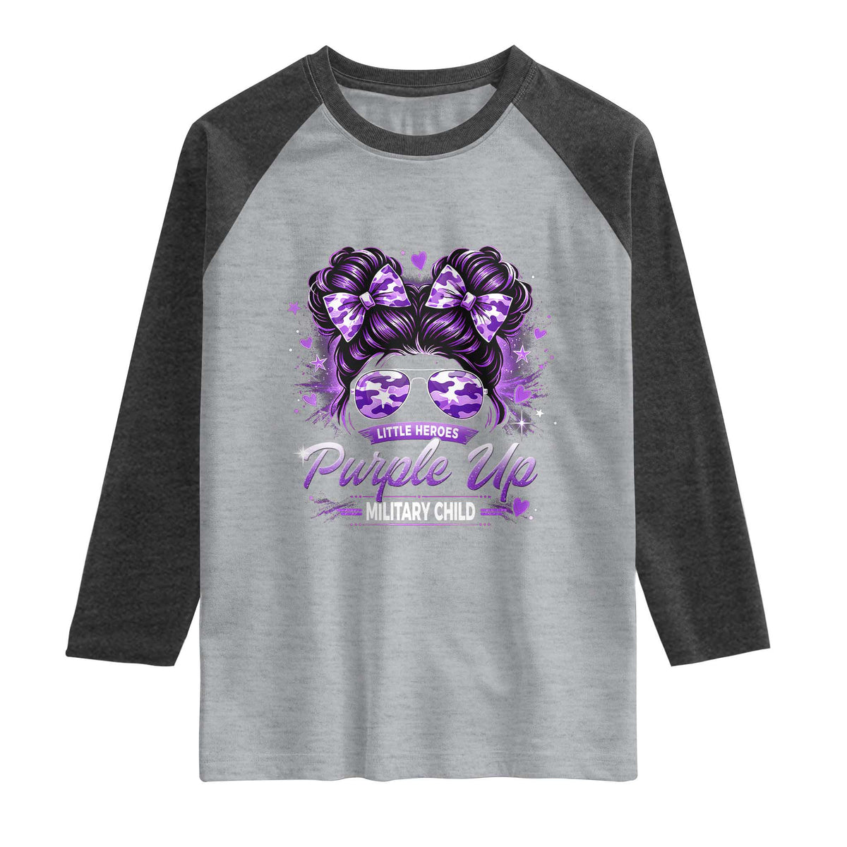 Purple Up Military Child Raglan Shirt Camo Messy Bun Military Kid Month