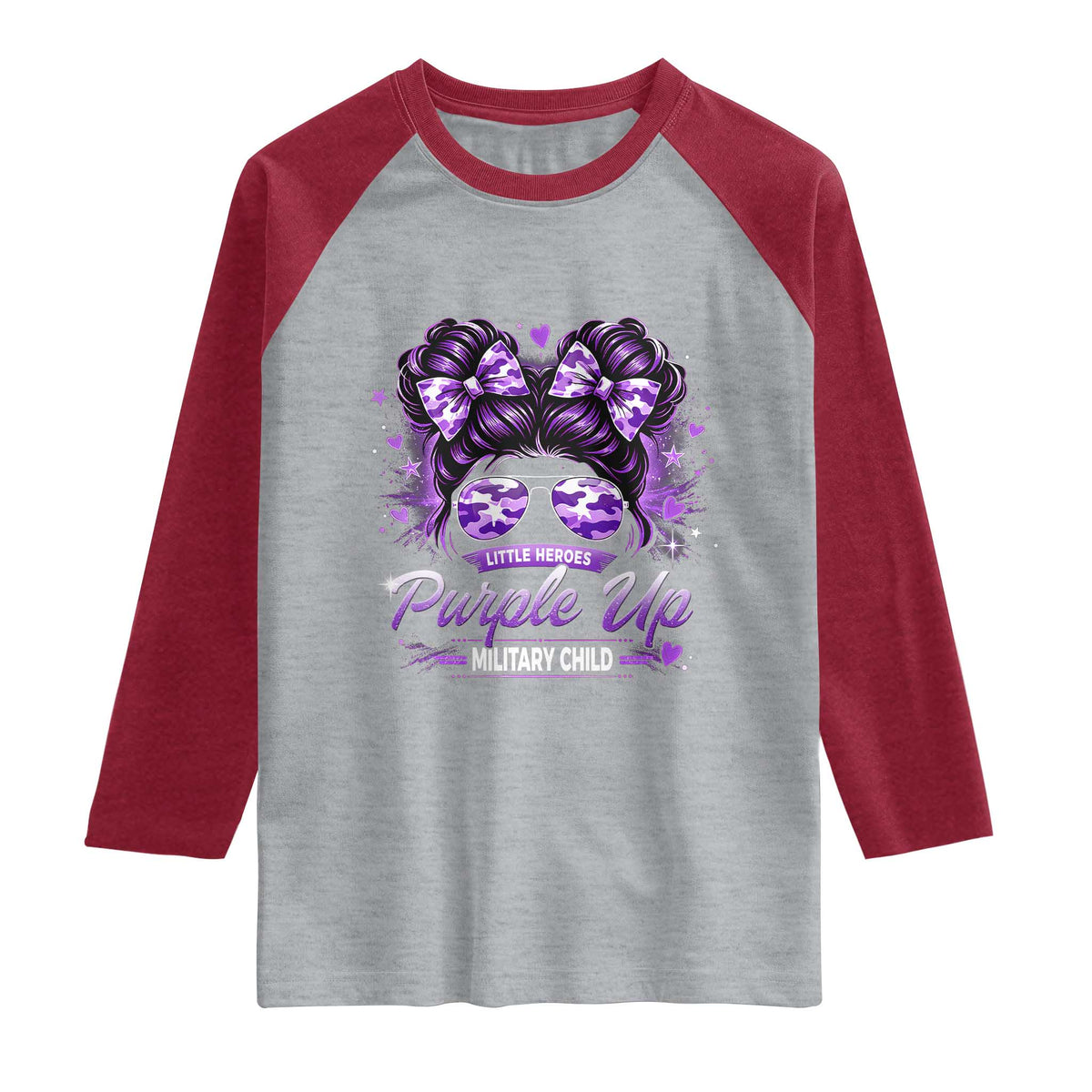 Purple Up Military Child Raglan Shirt Camo Messy Bun Military Kid Month