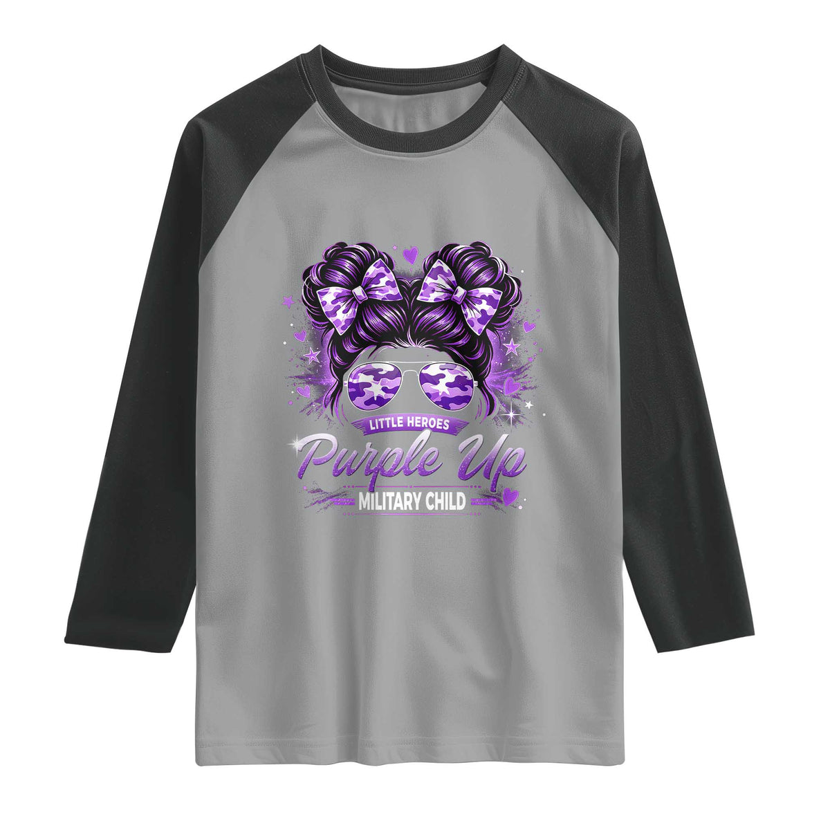 Purple Up Military Child Raglan Shirt Camo Messy Bun Military Kid Month