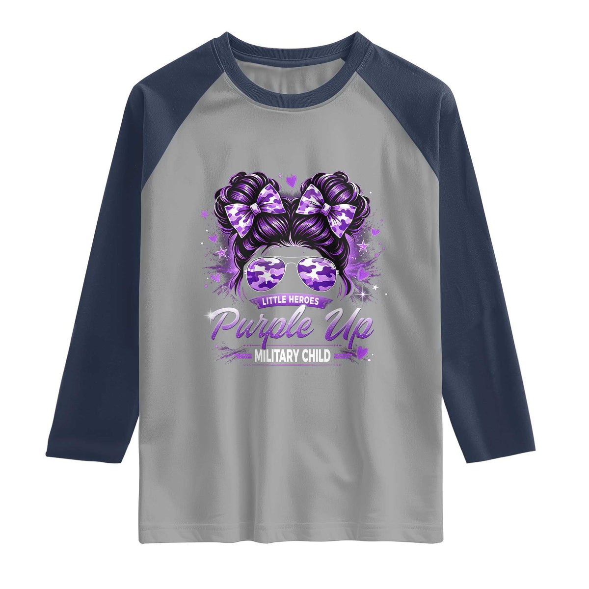 Purple Up Military Child Raglan Shirt Camo Messy Bun Military Kid Month
