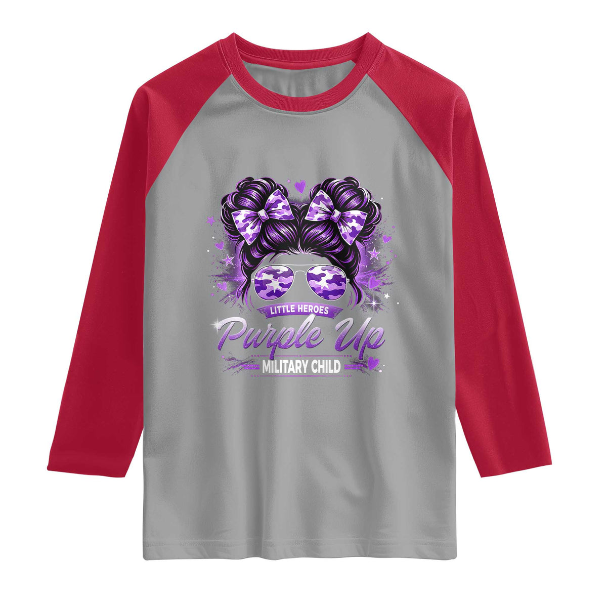 Purple Up Military Child Raglan Shirt Camo Messy Bun Military Kid Month