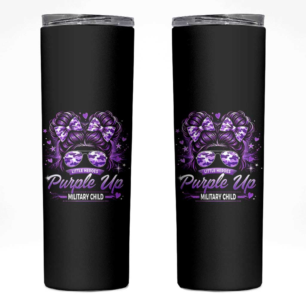 Purple Up Military Child Skinny Tumbler Camo Messy Bun Military Kid Month