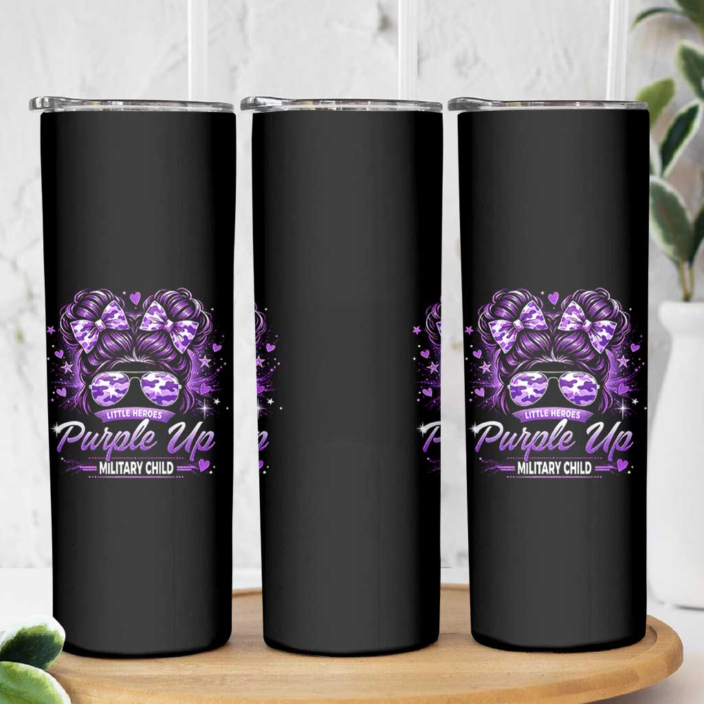 Purple Up Military Child Skinny Tumbler Camo Messy Bun Military Kid Month