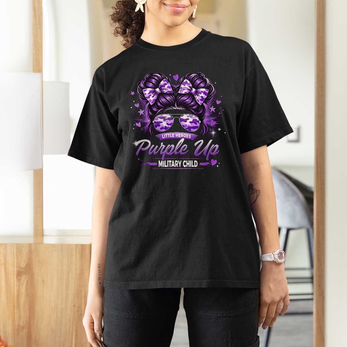 Purple Up Military Child T Shirt For Women Camo Messy Bun Military Kid Month