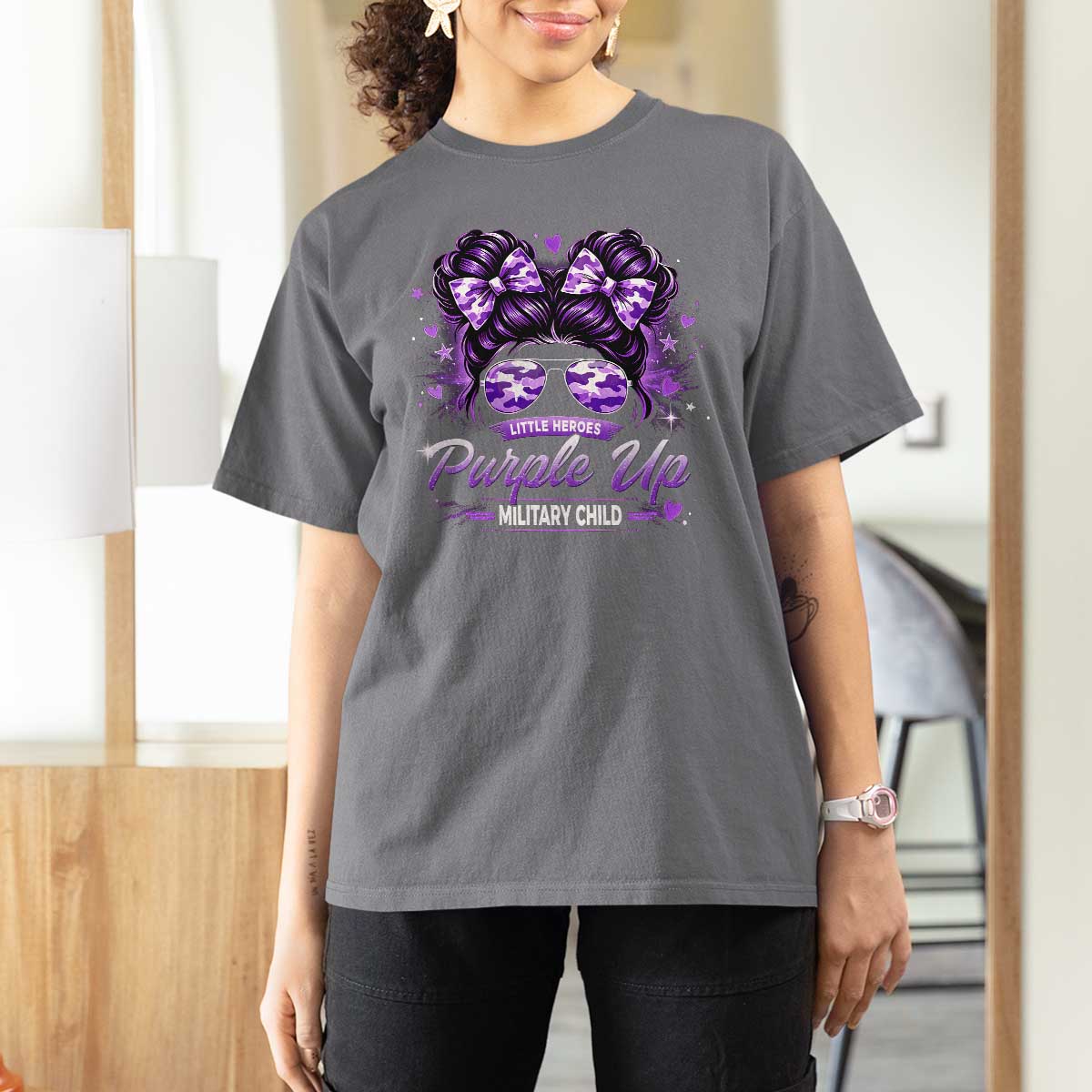 Purple Up Military Child T Shirt For Women Camo Messy Bun Military Kid Month