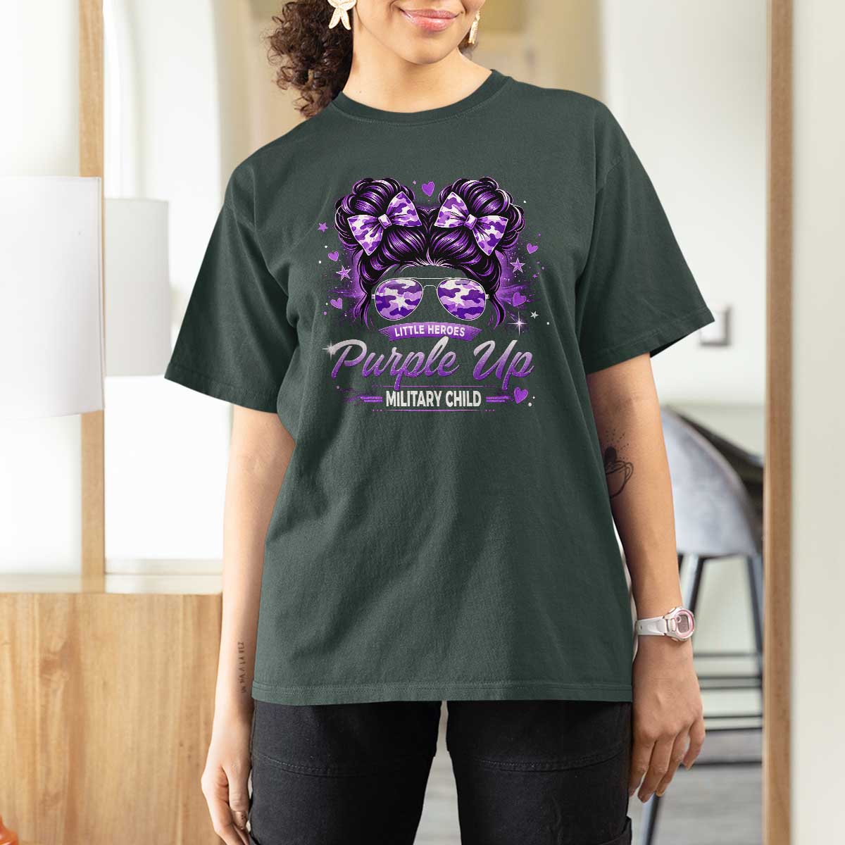 Purple Up Military Child T Shirt For Women Camo Messy Bun Military Kid Month