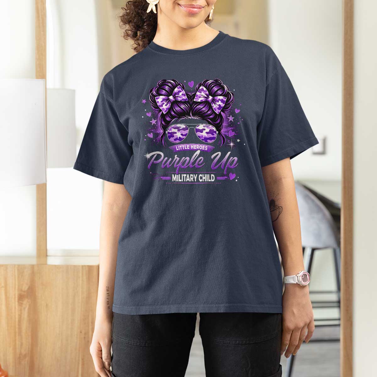 Purple Up Military Child T Shirt For Women Camo Messy Bun Military Kid Month