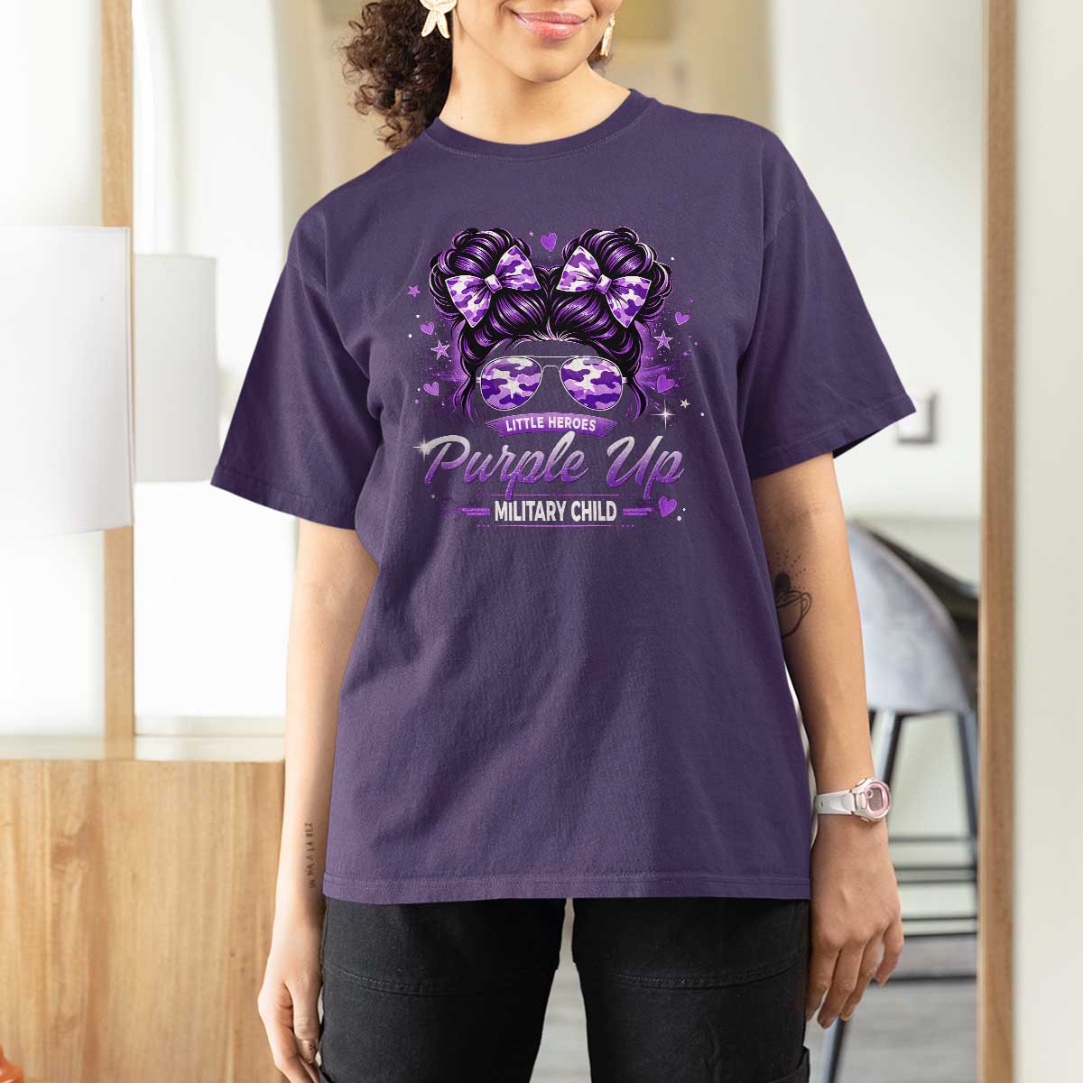 Purple Up Military Child T Shirt For Women Camo Messy Bun Military Kid Month