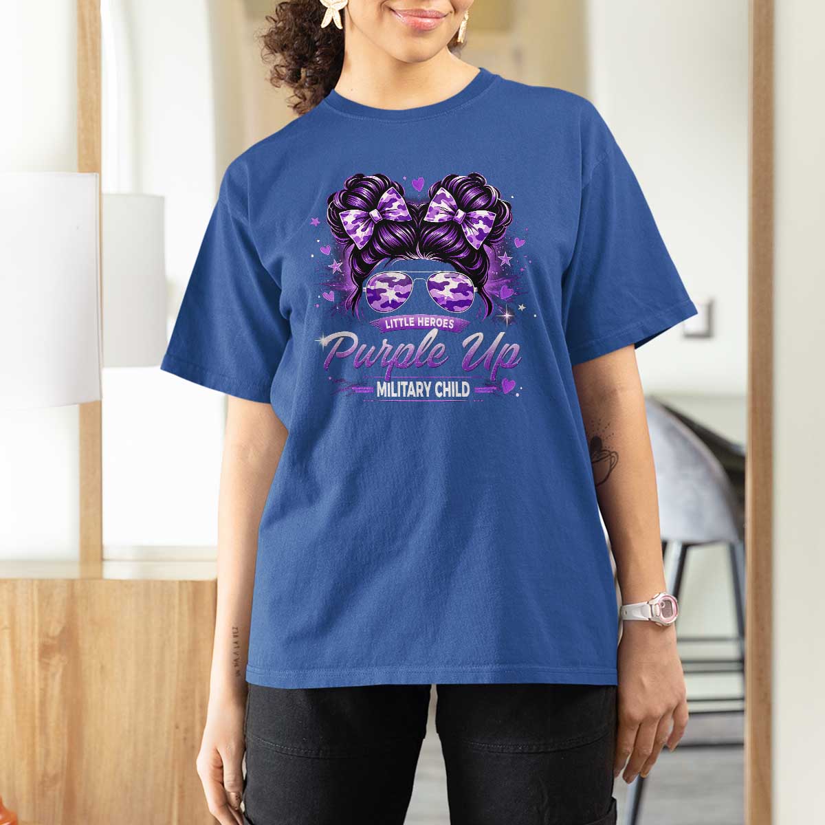 Purple Up Military Child T Shirt For Women Camo Messy Bun Military Kid Month