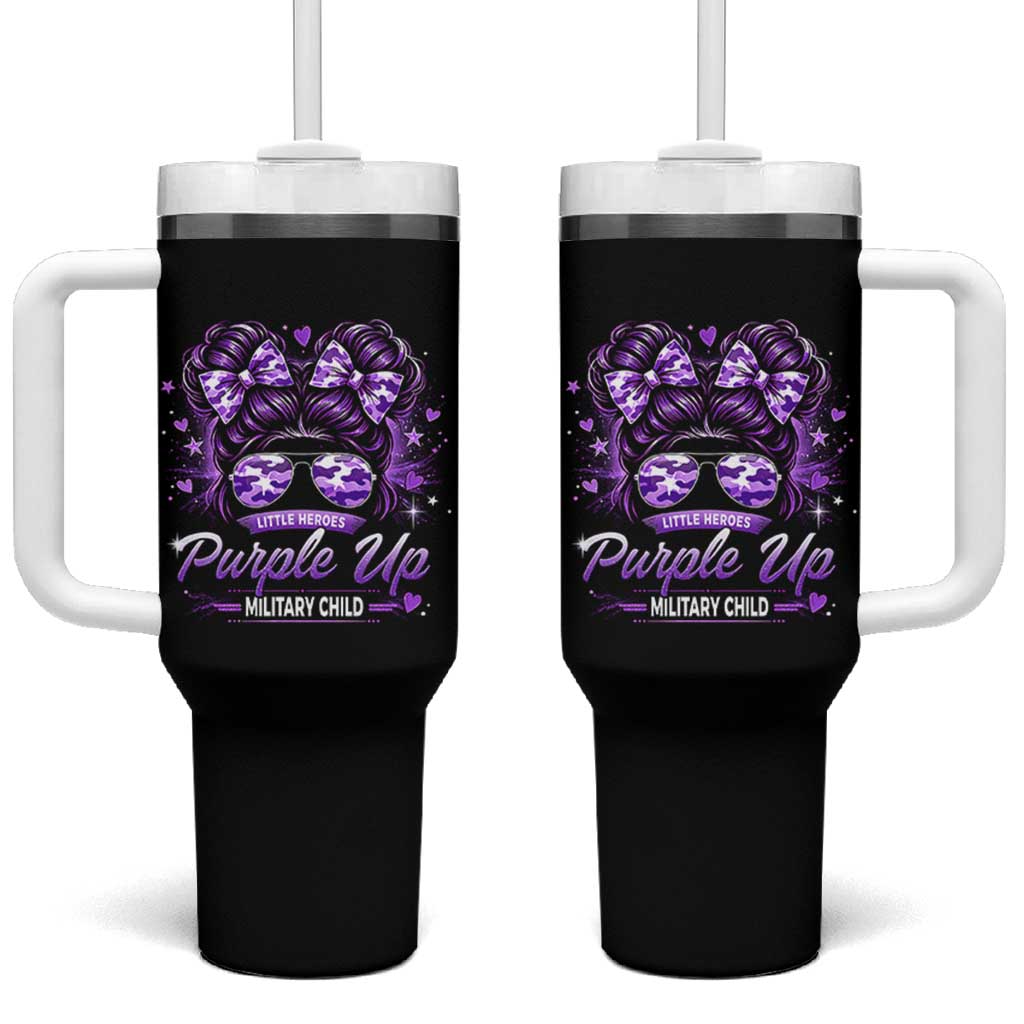 Purple Up Military Child Tumbler With Handle Camo Messy Bun Military Kid Month