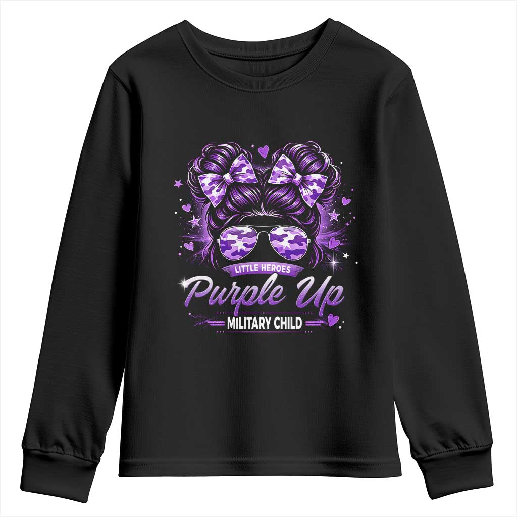 Purple Up Military Child Youth Sweatshirt Camo Messy Bun Military Kid Month