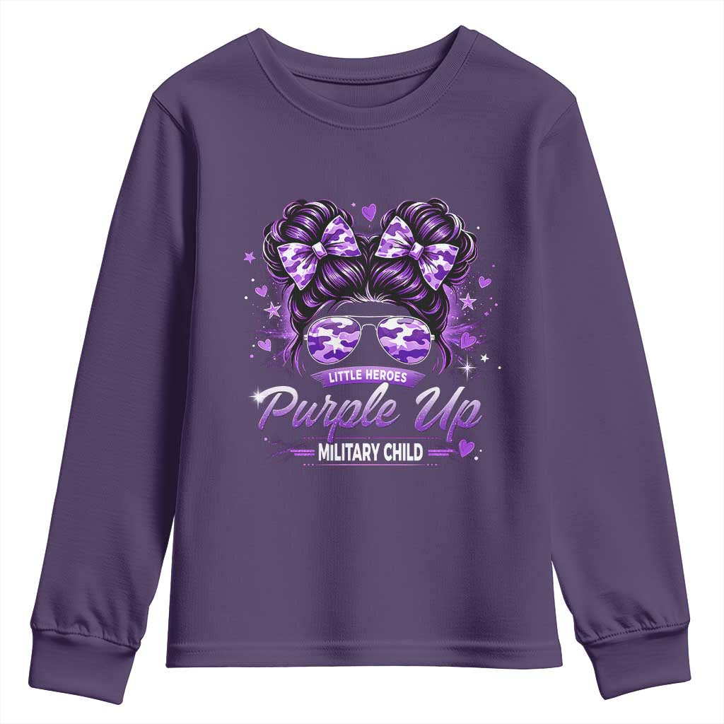 Purple Up Military Child Youth Sweatshirt Camo Messy Bun Military Kid Month