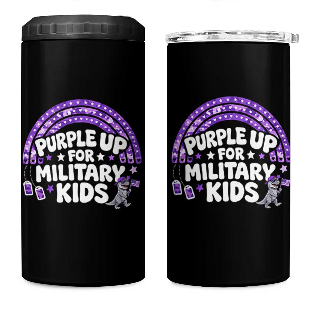 Purple Up For Military Kids 4 in 1 Can Cooler Tumbler Cute Dino Dinosaur Proud Military Child Rainbow