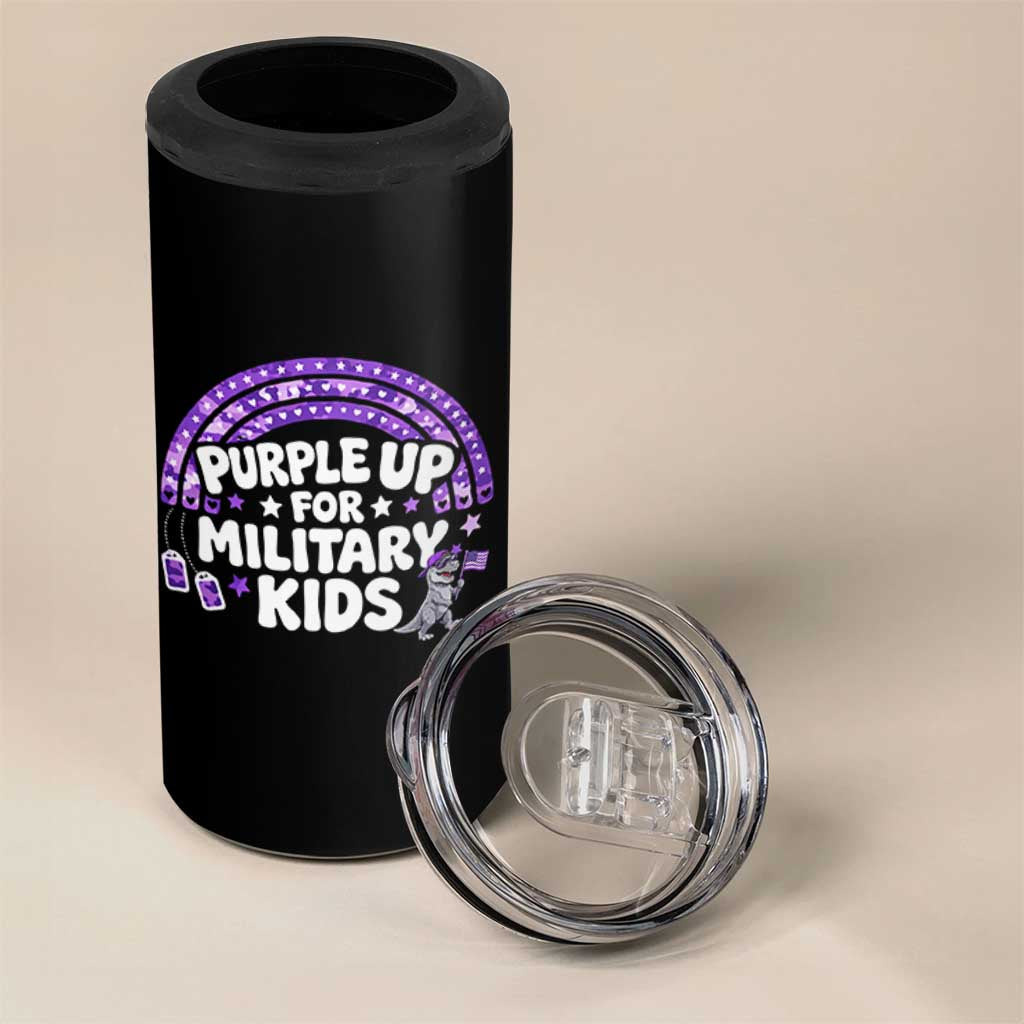 Purple Up For Military Kids 4 in 1 Can Cooler Tumbler Cute Dino Dinosaur Proud Military Child Rainbow