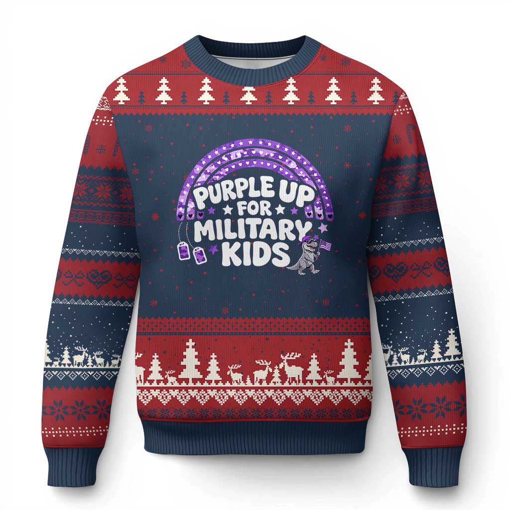 Purple Up For Military Kids Ugly Christmas Sweater Cute Dino Dinosaur Proud Military Child Rainbow
