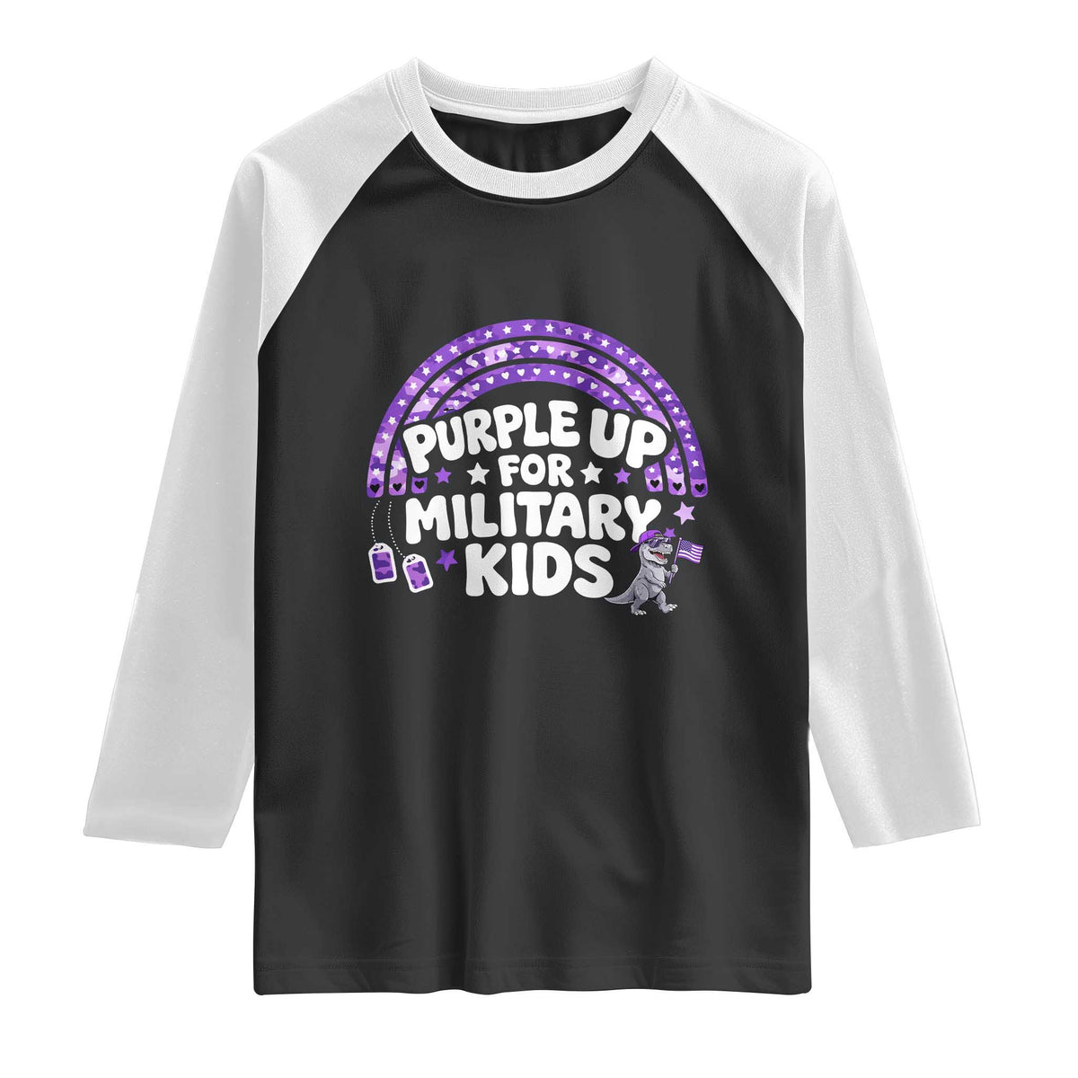 Purple Up For Military Kids Raglan Shirt Cute Dino Dinosaur Proud Military Child Rainbow