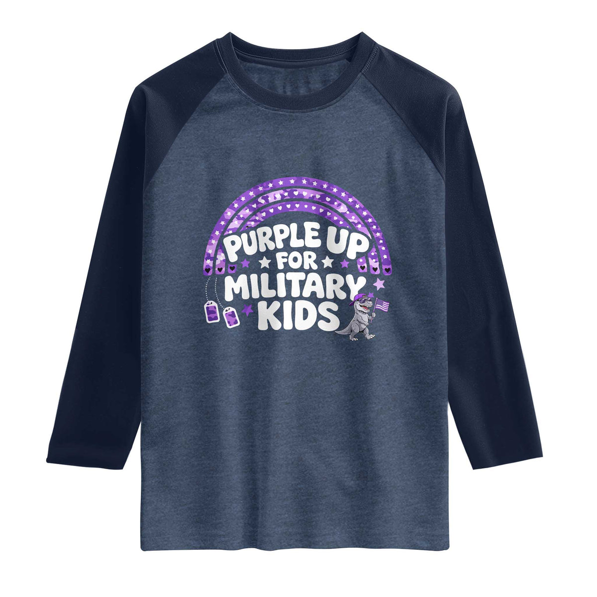 Purple Up For Military Kids Raglan Shirt Cute Dino Dinosaur Proud Military Child Rainbow