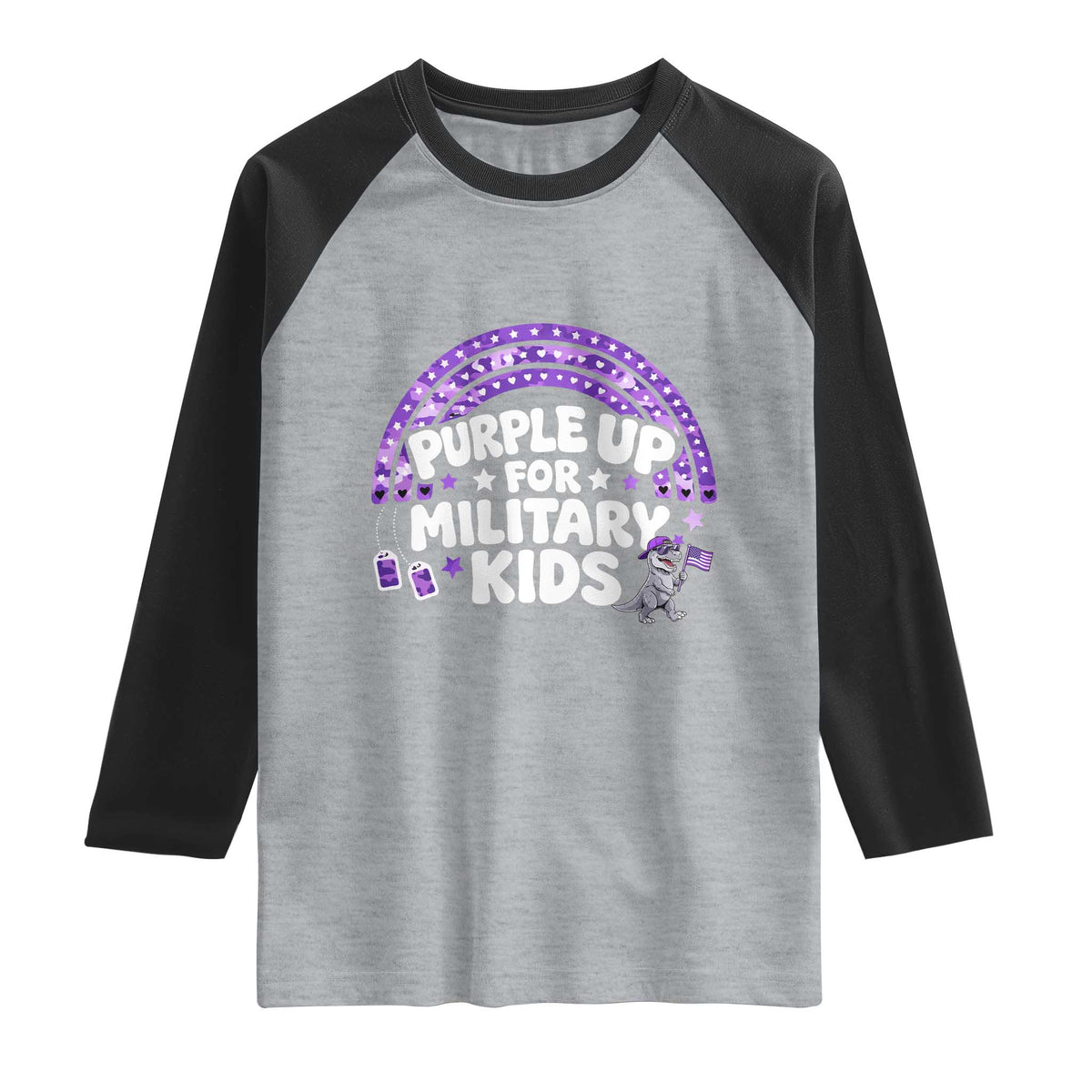 Purple Up For Military Kids Raglan Shirt Cute Dino Dinosaur Proud Military Child Rainbow
