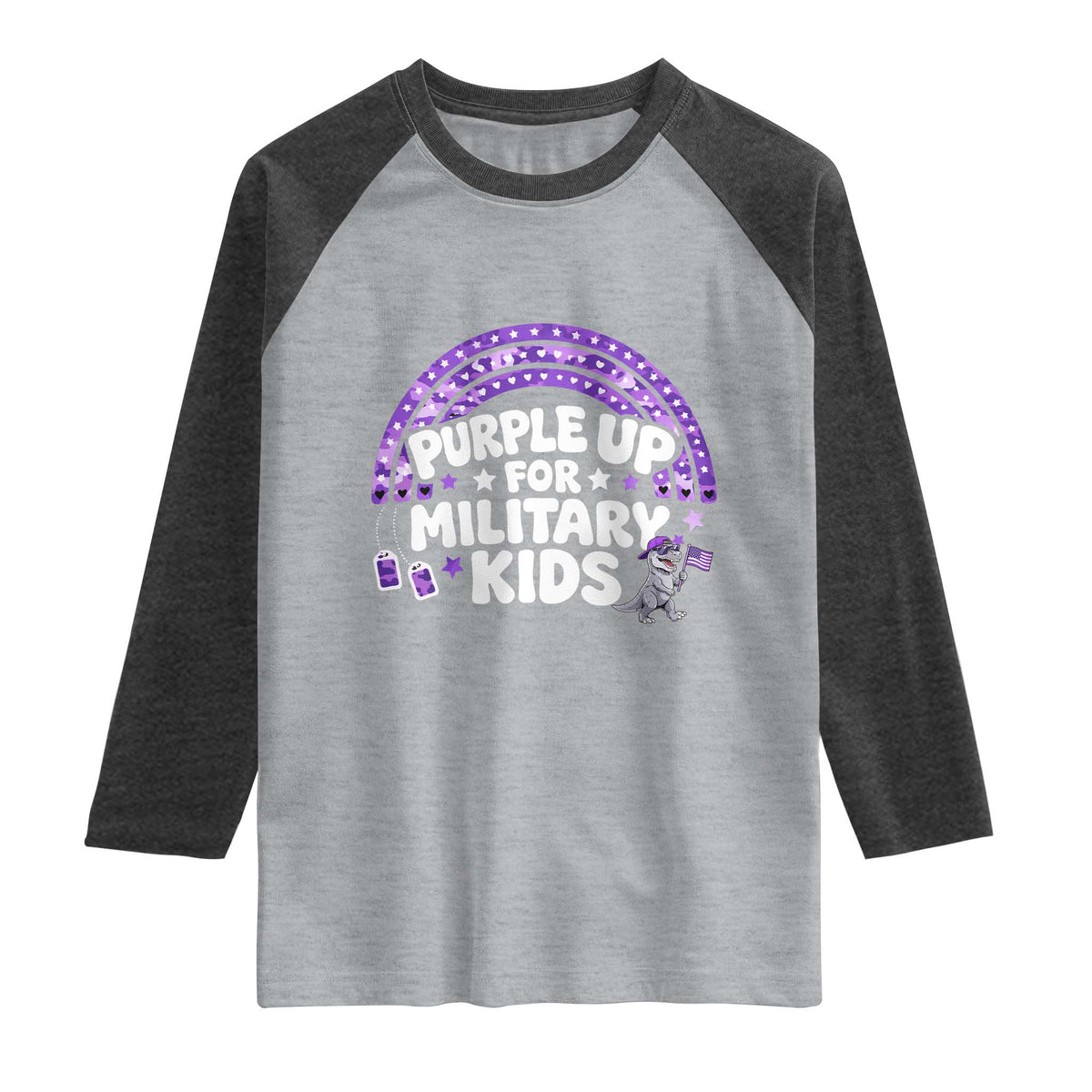 Purple Up For Military Kids Raglan Shirt Cute Dino Dinosaur Proud Military Child Rainbow