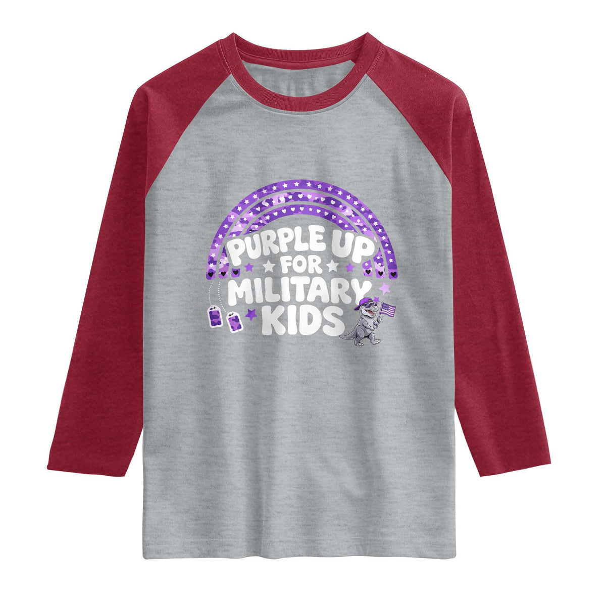 Purple Up For Military Kids Raglan Shirt Cute Dino Dinosaur Proud Military Child Rainbow