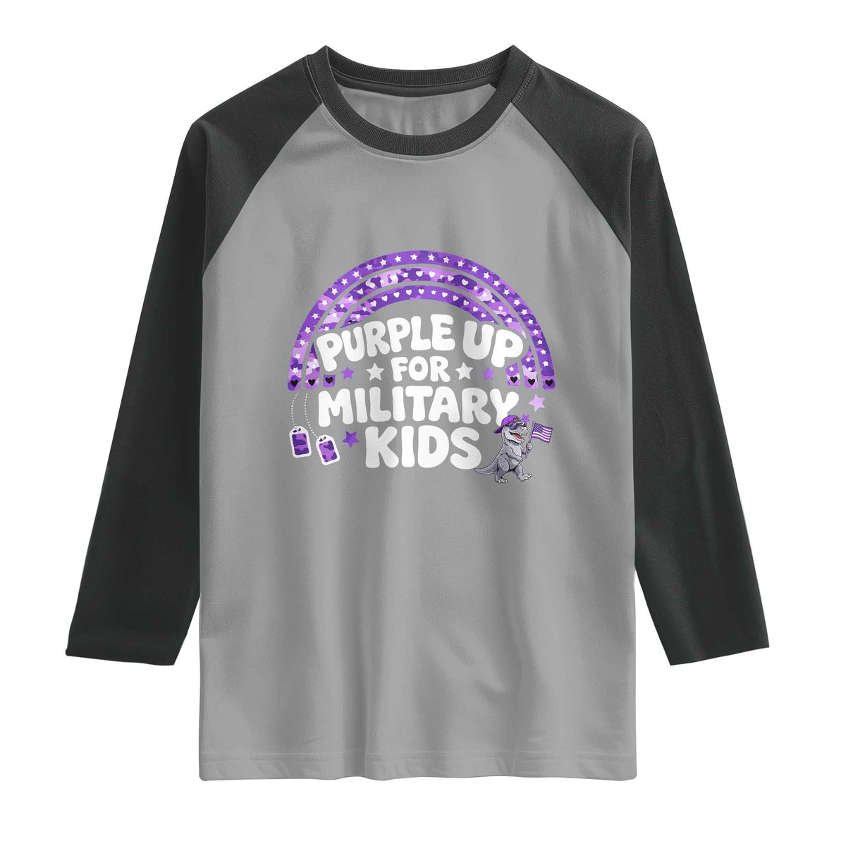 Purple Up For Military Kids Raglan Shirt Cute Dino Dinosaur Proud Military Child Rainbow