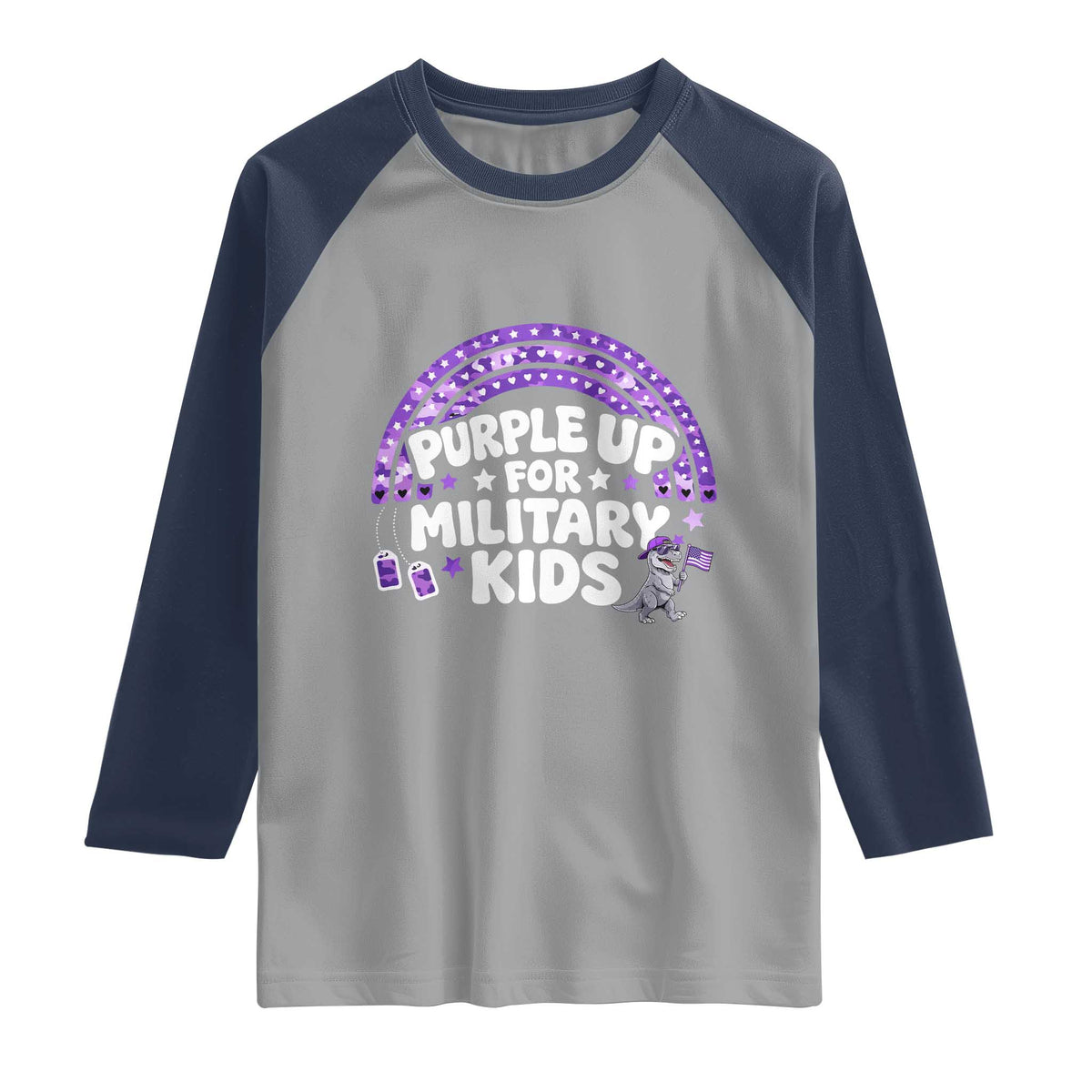 Purple Up For Military Kids Raglan Shirt Cute Dino Dinosaur Proud Military Child Rainbow