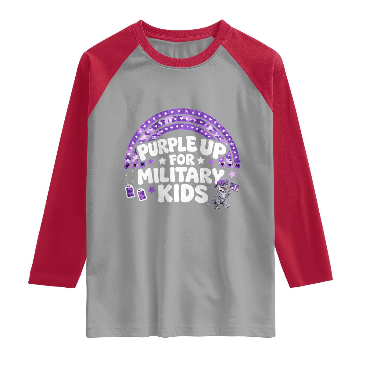 Purple Up For Military Kids Raglan Shirt Cute Dino Dinosaur Proud Military Child Rainbow