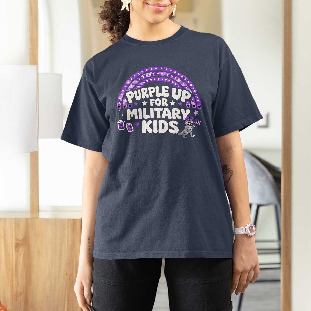 Purple Up For Military Kids T Shirt For Women Cute Dino Dinosaur Proud Military Child Rainbow