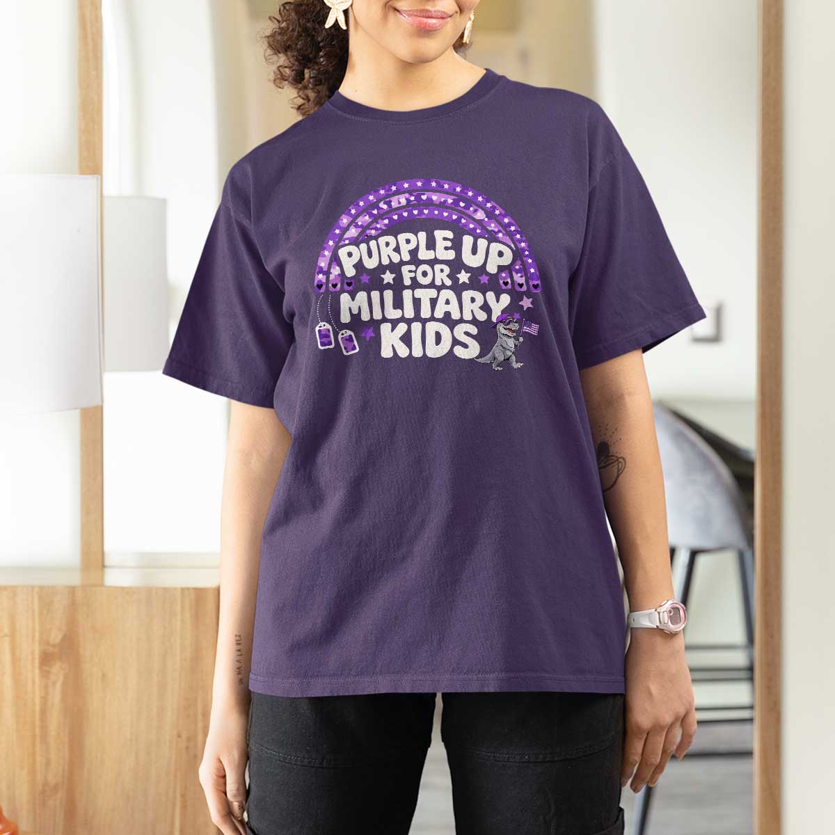 Purple Up For Military Kids T Shirt For Women Cute Dino Dinosaur Proud Military Child Rainbow